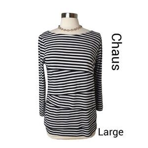 Chaus Women's Long Sleeve Blouse Black White Layered Dressy Stretch Top Large